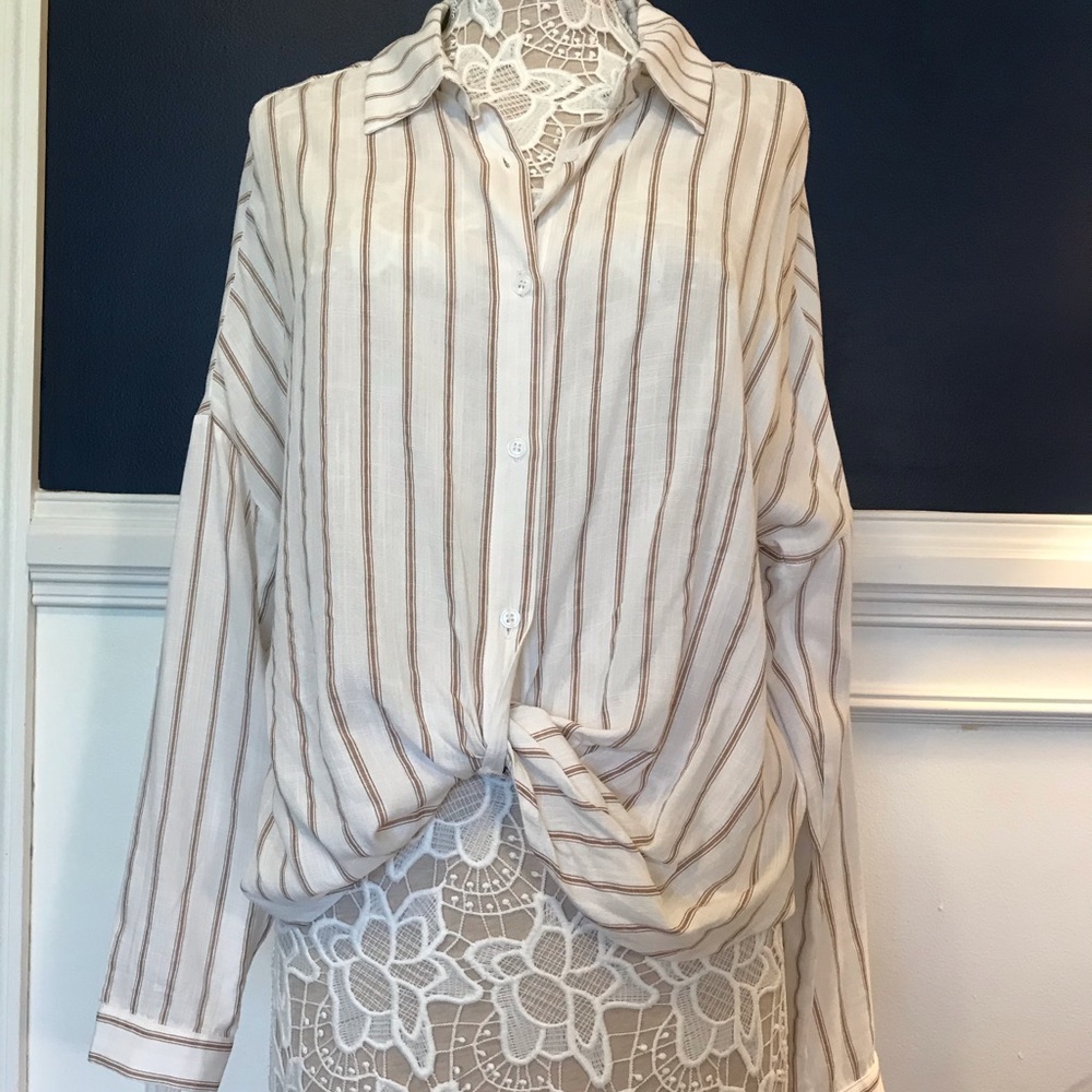 White Linen Top with Tan Stripes